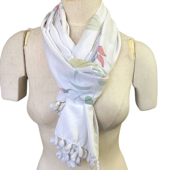 Dancing Gecko Hawaii Scarf Tropical Floral Print Pom pom Trim 148G - Picture 3 of 6